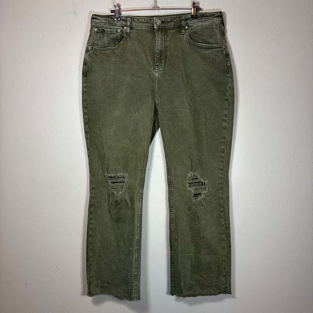 Cleo + Wolf Olive Green Distressed Straight Leg Jeans Raw Hem Womens 12/31